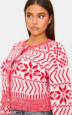 Red And White Fairisle Knit Button Up Christmas Cardigan