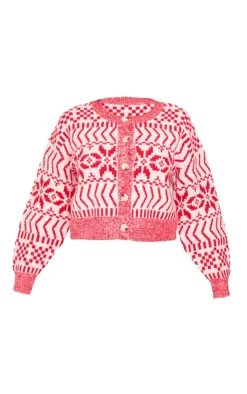 Red And White Fairisle Knit Button Up Christmas Cardigan
