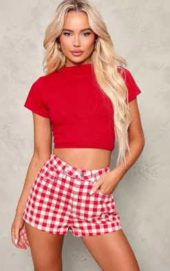 Red And White Gingham Denim Hot Pant