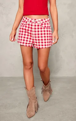 Red And White Gingham Denim Hot Pant