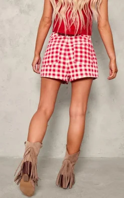 Red And White Gingham Denim Hot Pant