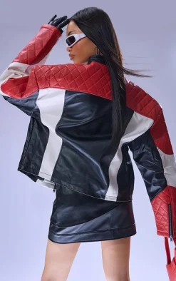 Red And White Quilted Detail Biker Jacket