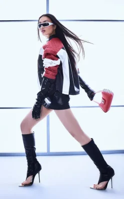 Red And White Quilted Detail Biker Jacket