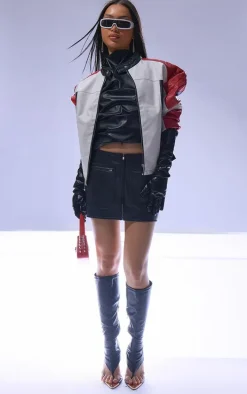 Red And White Quilted Detail Biker Jacket