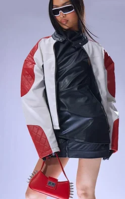 Red And White Quilted Detail Biker Jacket