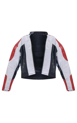 Red And White Quilted Detail Biker Jacket