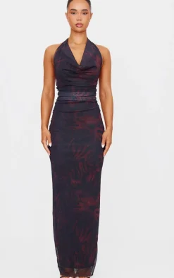 Red Animal Printed Mesh Cowl Neck Maxi Dress