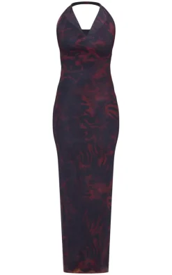 Red Animal Printed Mesh Cowl Neck Maxi Dress