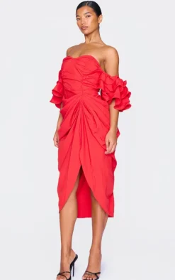 Red Bardot Frill Sleeve Draped Midi Dress