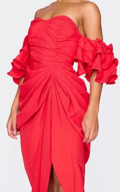 Red Bardot Frill Sleeve Draped Midi Dress