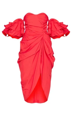 Red Bardot Frill Sleeve Draped Midi Dress