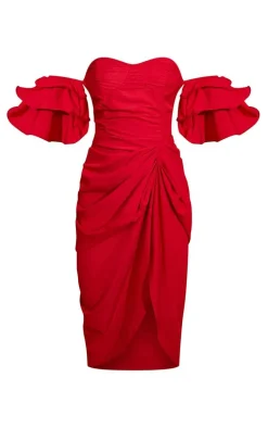 Red Bardot Frill Sleeve Draped Midi Dress