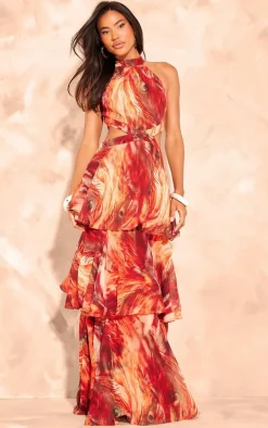 Red Blurred Print Chiffon Tiered Maxi Dress