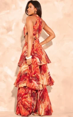 Red Blurred Print Chiffon Tiered Maxi Dress