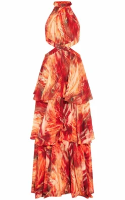 Red Blurred Print Chiffon Tiered Maxi Dress