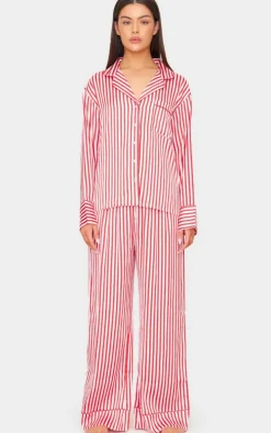 Red Candy Stripe Satin Long Pj Set