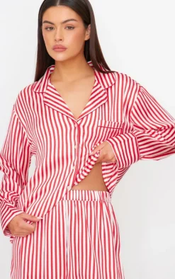 Red Candy Stripe Satin Long Pj Set