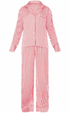 Red Candy Stripe Satin Long Pj Set