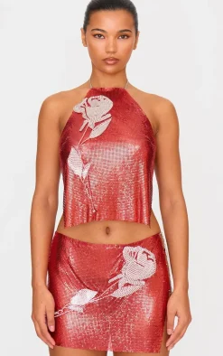 Red Chain Mail Rose Diamante Top