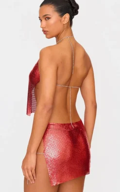 Red Chain Mail Rose Diamante Top