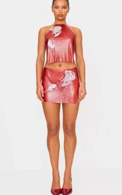 Red Chain Mail Rose Diamante Top