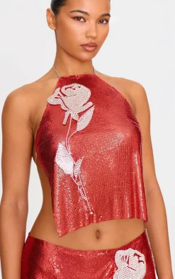 Red Chain Mail Rose Diamante Top