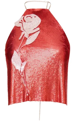 Red Chain Mail Rose Diamante Top