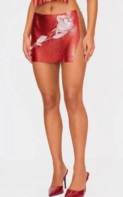Red Chain Mail Rose Diamante Micro Mini Skirt