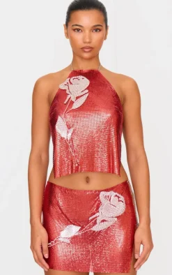 Red Chain Mail Rose Diamante Micro Mini Skirt