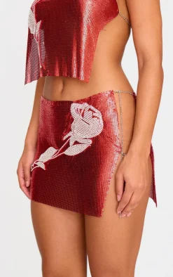 Red Chain Mail Rose Diamante Micro Mini Skirt