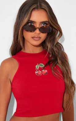 Red Cherry Graphic Detail Racer Vest Top
