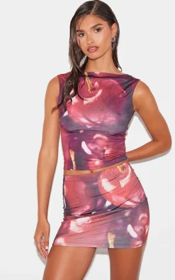 Red Cherry Print Slinky Open Back Cap Sleeve Longline Top