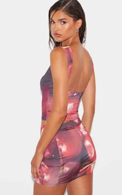 Red Cherry Print Slinky Open Back Cap Sleeve Longline Top