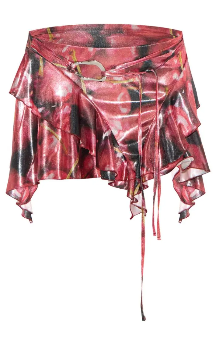 Red Cherry Print Trim Detail Mini Skirt