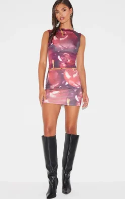 Red Cherry Printed Low Rise Slinky Micro Mini Skirt
