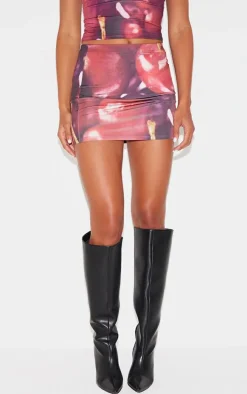 Red Cherry Printed Low Rise Slinky Micro Mini Skirt