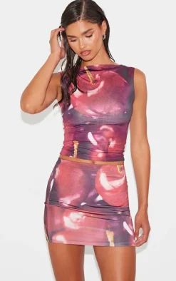 Red Cherry Printed Low Rise Slinky Micro Mini Skirt