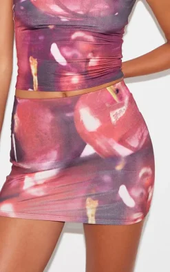 Red Cherry Printed Low Rise Slinky Micro Mini Skirt