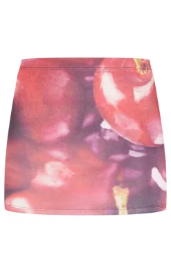 Red Cherry Printed Low Rise Slinky Micro Mini Skirt