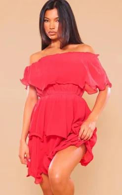 Red Chiffon Bardot Ruffle Tiered Dress