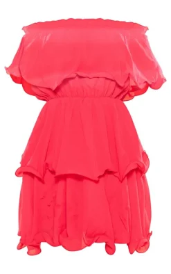 Red Chiffon Bardot Ruffle Tiered Dress