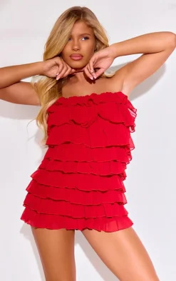 Red Chiffon Extreme Frill Bandeau Romper