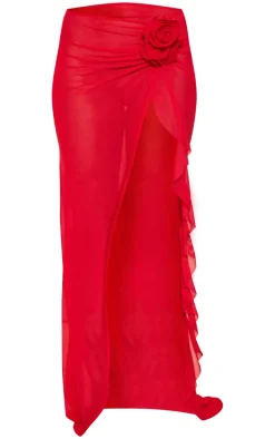 Red Chiffon Flower Detail Drape Mini Beach Skirt