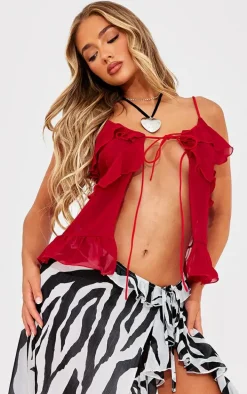 Red Chiffon Frill Tie Front Cami Top