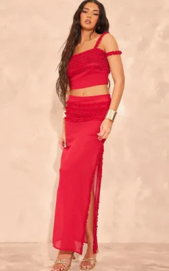 Red Chiffon Ruffle Detailing Slit Open Maxi Skirt