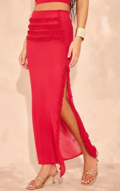 Red Chiffon Ruffle Detailing Slit Open Maxi Skirt