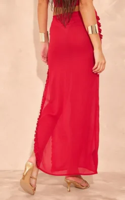 Red Chiffon Ruffle Detailing Slit Open Maxi Skirt
