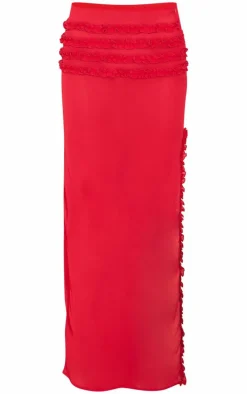 Red Chiffon Ruffle Detailing Slit Open Maxi Skirt