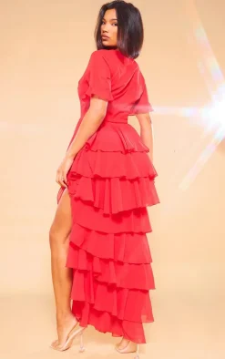 Red Chiffon Ruffle Layer Maxi Dress