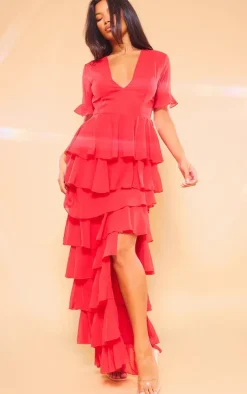 Red Chiffon Ruffle Layer Maxi Dress